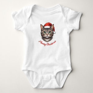 Custom Cute Festive Christmas Cat with Santa Hat Baby Bodysuit