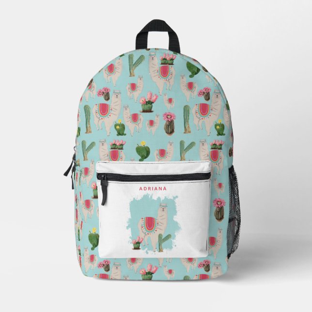 Custom Cute Fiesta Llama & Cactus Nursery Printed Backpack (Front)