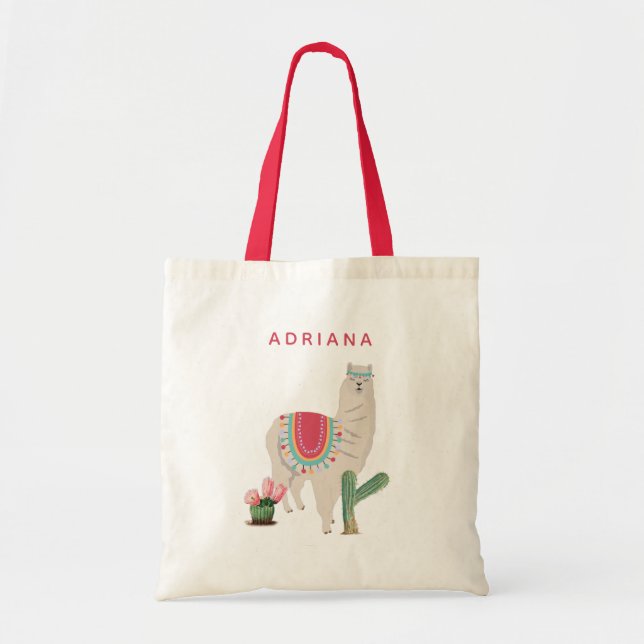 Custom Cute Fiesta Llama & Cactus Tote Bag (Front)