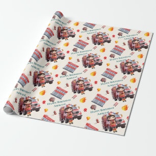 Custom Cute Fun 3D Firefighter Girls Birthday    Wrapping Paper