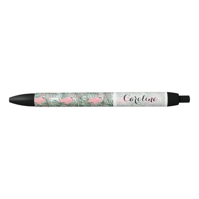 Custom Cute Fun Pink Flamingoes Palm Leafs Pattern Black Ink Pen (Front)