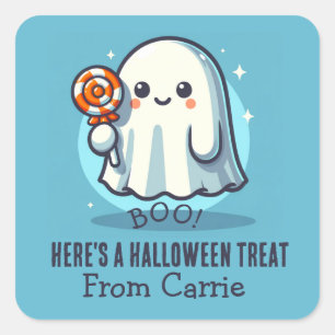 Custom Cute Ghost with Candy Halloween Treat Bag  Square Sticker