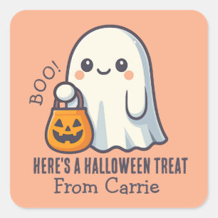 Custom Cute Ghost with Halloween Candy Treat Bag  Square Sticker