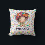 Custom Cute Girl Floral Name Pillow<br><div class="desc">Create a magical space with this personalized floral girl name throw pillow. Featuring a charming illustrated girl with a beautiful flower crown surrounded by colorful floral patterns, this custom pillow adds warmth, personality, and sweetness to any nursery or bedroom. Simply add your child’s name to make it uniquely hers. Perfect...</div>
