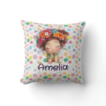 Custom Cute Girl Floral Name Pillow