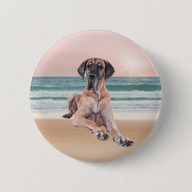 Custom Cute Great Dane Dog Sitting on Beach 2 Inch Round Button (Front)