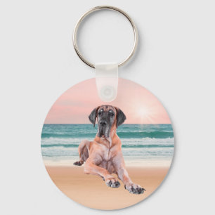 Custom Cute Great Dane Dog Sitting on Beach Keychain