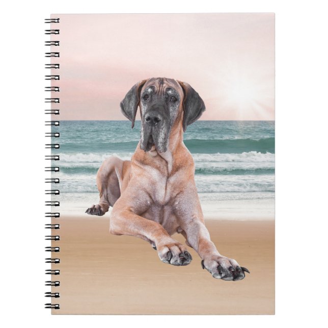 Custom Cute Great Dane Dog Sitting on Beach Notebook (Front)