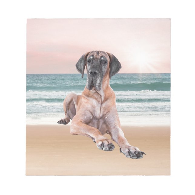 Custom Cute Great Dane Dog Sitting on Beach Notepad (Front)