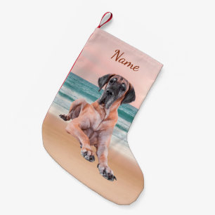 Custom Cute Great Dane Dog Sitting on Beach Small Christmas Stocking