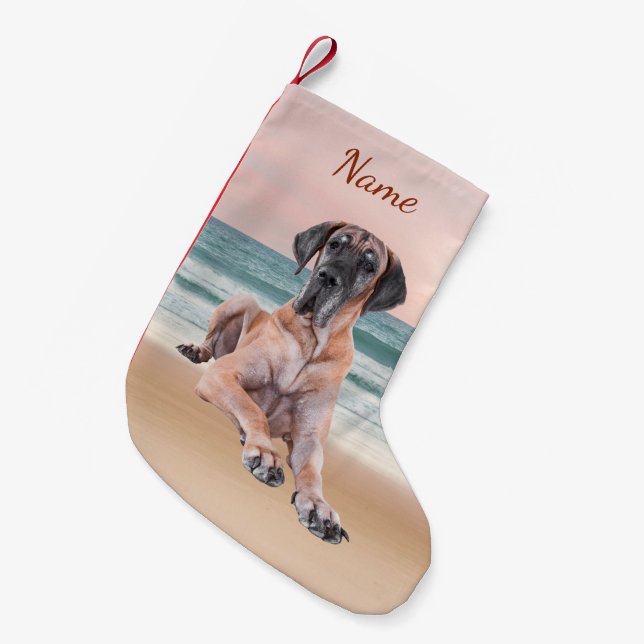 Custom Cute Great Dane Dog Sitting on Beach Small Christmas Stocking (Front (Hanging))
