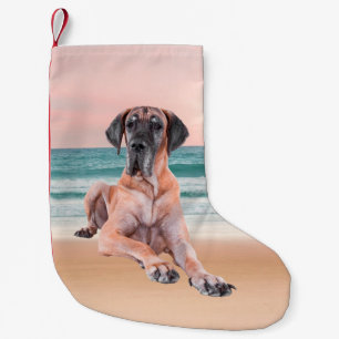 Custom Cute Great Dane Dog Sitting on Beach Small Christmas Stocking