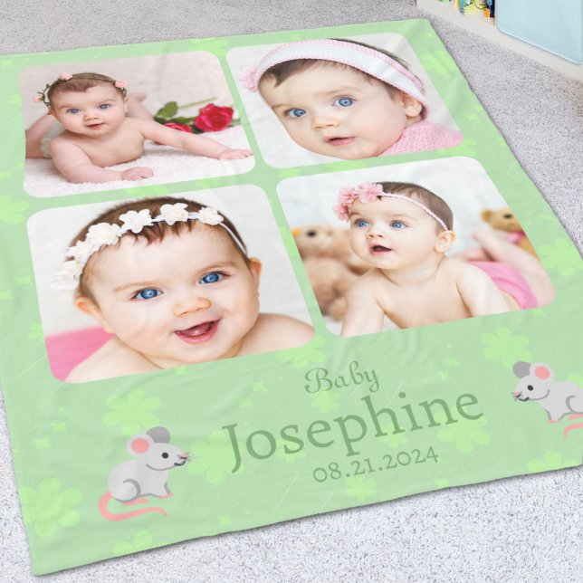 Custom Cute Green Baby Name Photo Fleece Blanket (Creator Uploaded)