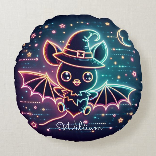 Custom Cute Halloween Bat Witch's Hat Moon Nursery Round Pillow (Front)