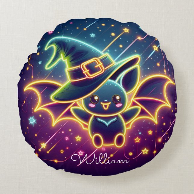 Custom Cute Halloween Bat Witch's Hat Nursery Round Pillow (Front)