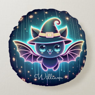 Custom Cute Halloween Bat With Witch's Hat Nursery Round Pillow