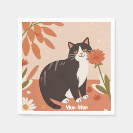 Custom Cute Happy Cat with Spring Flowers  Napkin