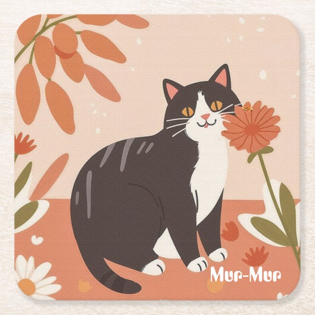 Custom Cute Happy Cat with Spring Flowers  Square Paper Coaster (Front)