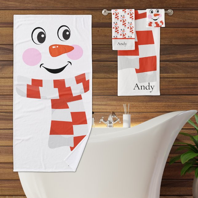 Custom Cute Holiday Happy Smiling Snowman Face Bath Towel Set (Creator Uploaded)