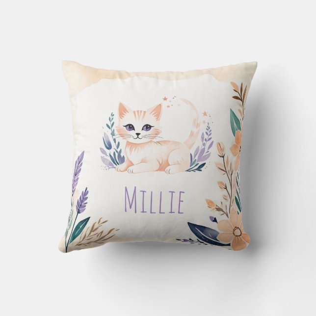 Custom Cute Kitten Pillow Boho Floral Design -  (Back)