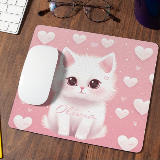 Custom Cute Kitten Valentine's Day White Pink  Mouse Pad (Creator Uploaded)