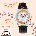 Custom Cute Orange Cat Kids Learning To Tell Time Watch<br><div class="desc">Teach kids to tell time with a touch of whimsy with this Personalized Cartoon Cat Kids Learning Watch! Featuring an adorable cartoon cat peeking over a table, this playful design captures the hearts of young cat lovers. The watch includes minute indicators (lines for each minute and numbers every 5 minutes)...</div>