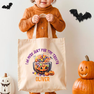 Custom Cute Orange Purple Pumpkin Halloween Treats Tote Bag