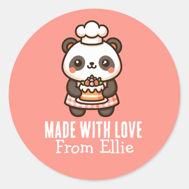 Custom Cute Panda Baker Made with Love Classic Round Sticker (Front)