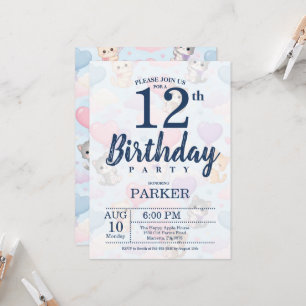 Custom Cute Pastel Kawaii Cat 12th Birthday Party Invitation