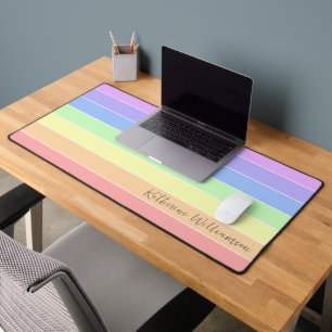 Custom Cute Pastel Rainbow Colourful Stripes Desk Mat