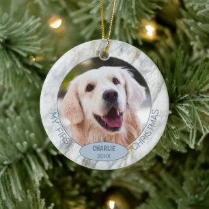 Custom Cute Pet Photo 1st Christmas On Blue Marble Ceramic Ornament