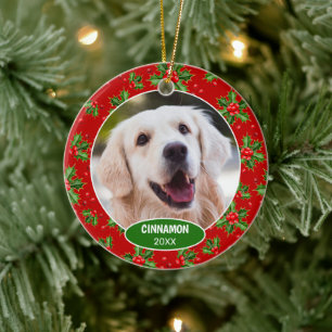 Custom Cute Pet Photo 1st Christmas On Holly Berry Ceramic Ornament