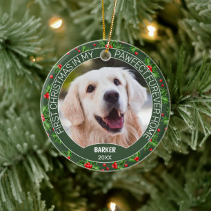 Custom Cute Pet Photo 1st Christmas On Holly Berry Ceramic Ornament