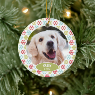 Custom Cute  Pet Photo 1st Christmas On Snowflakes Ceramic Ornament