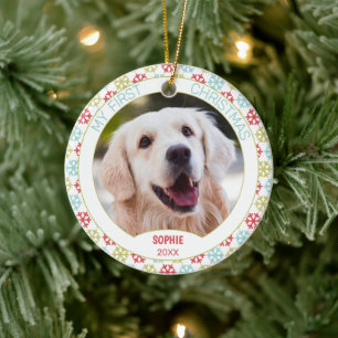 Custom Cute Pet Photo On Red Blue Green Snowflakes Ceramic Ornament