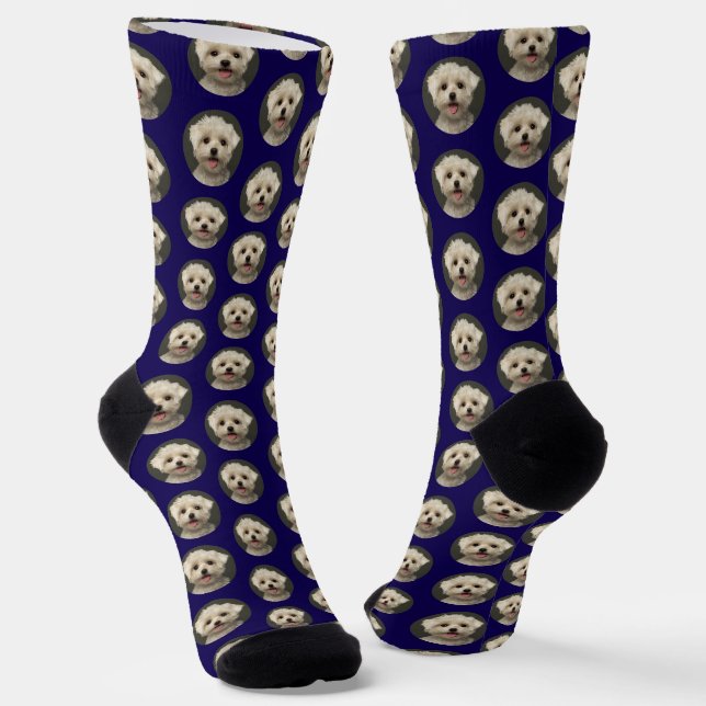 Custom Cute Pet Photo Pattern Dark Blue Socks (Angled)