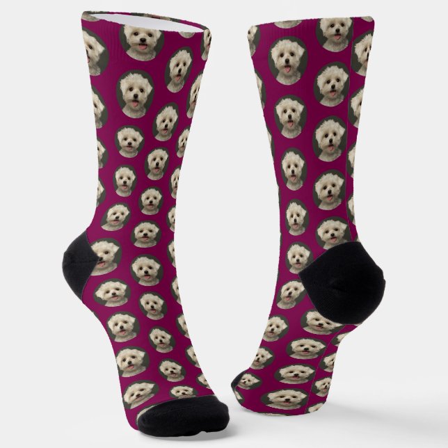 Custom Cute Pet Photo Pattern Wine Merlot Socks (Angled)