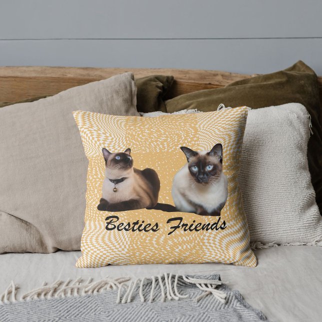 Custom Cute Pet Siamese Cat Photo Beige Chequered  Throw Pillow (Creator Uploaded)