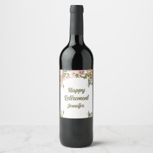 Custom Cute Pink Floral Greenery Happy Retirement  Wine Label