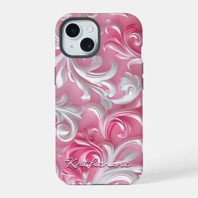 Custom Cute Pink Floral iPhone Case| Pink & White iPhone 15 Case (Back)