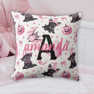 Custom Cute Pink Halloween Pattern With Black Dogs Throw Pillow