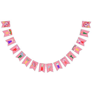 Custom cute pink  Rainbow Unicorn Birthday party Bunting Flags