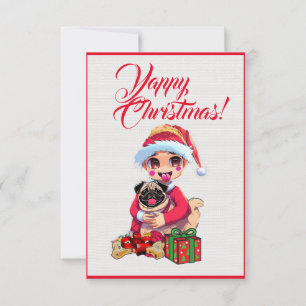 Custom Cute Pug Dog With  Girl Xmas Card