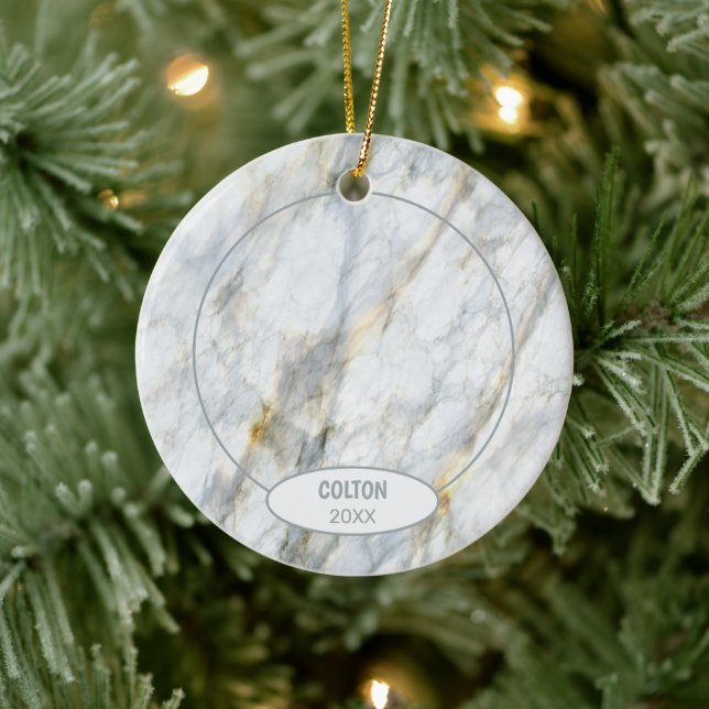 Custom Cute Puppy Photo On Chic Gray White Marble Ceramic Ornament (Tree)