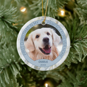 Custom Cute Puppy Photo On Chic Grey Blue Marble Ceramic Ornament
