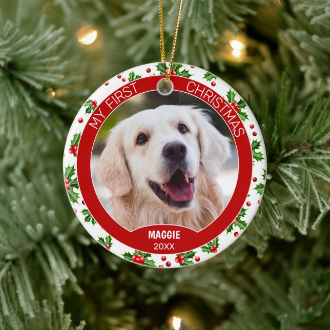 Custom Cute Puppy Photo On Green Holly Red Berry Ceramic Ornament (Tree)