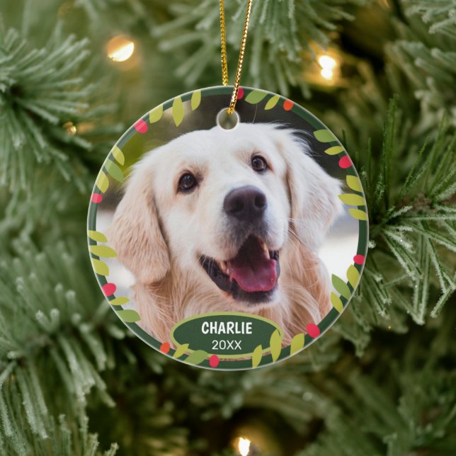 Custom Cute Puppy Photo On Green Holly Red Berry Ceramic Ornament (Tree)