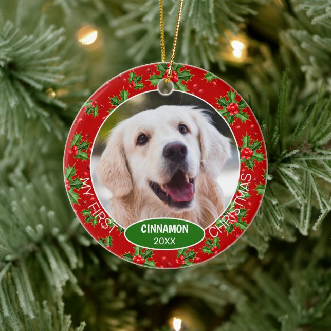 Custom Cute Puppy Photo On Green Holly Red Berry Ceramic Ornament (Tree)