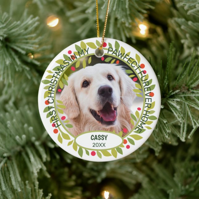 Custom Cute Puppy Photo On Green Holly Red Berry Ceramic Ornament (Tree)