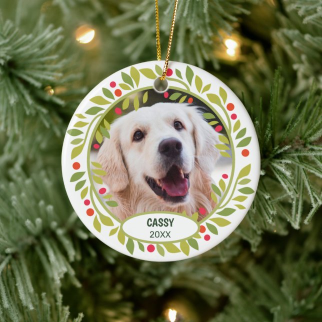 Custom Cute Puppy Photo On Green Holly Red Berry Ceramic Ornament (Tree)